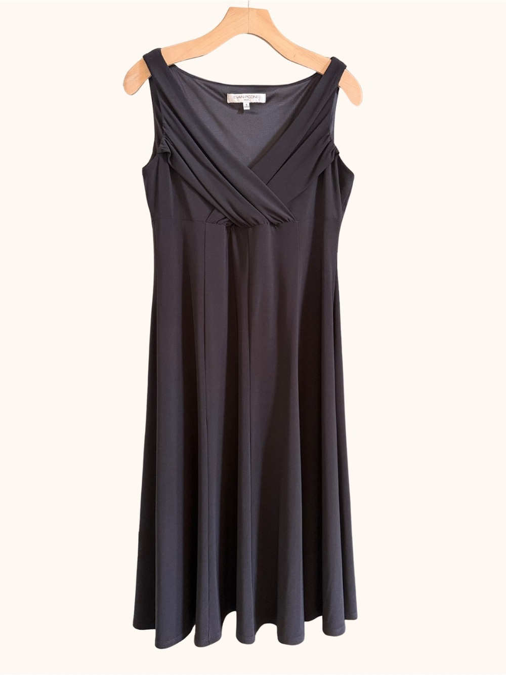 Evan-Picone Black Sleeveless Fit & Flare Midi Dress Draped Neck Size 8